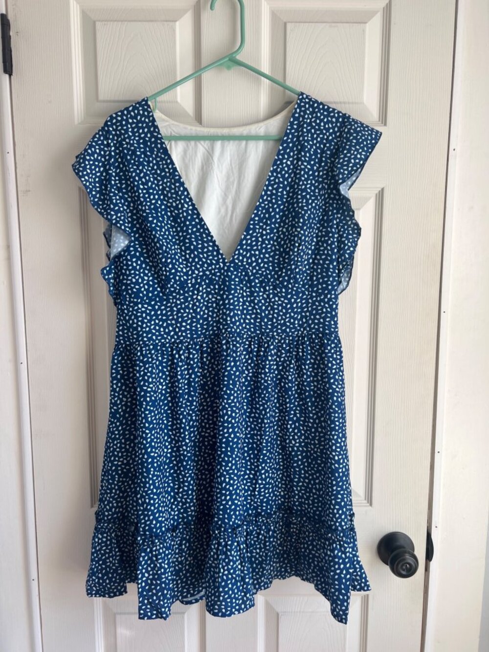 Blue White Polka Dot Mini Dress XL | Ruffle Sleeve Cottagecore Summer Dress